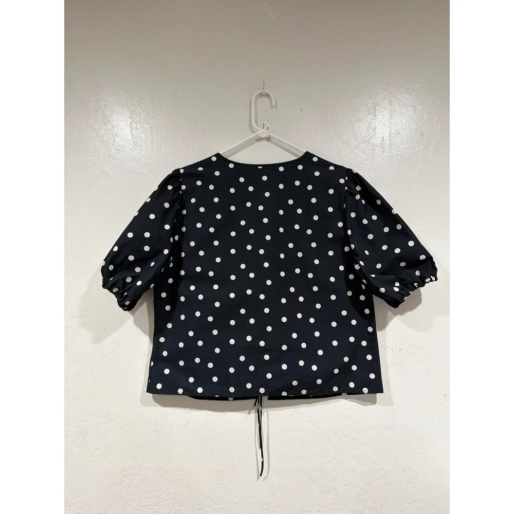 Abercrombie & Fitch Polka Dot Tie-Front Puff Sleeve Cotton Blouse Black Large